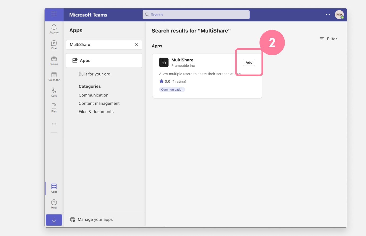MultiShare app display in Teams